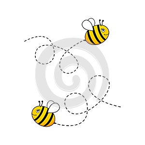 Bee character. Cute flying bees with dotted route. Vector cartoon insect